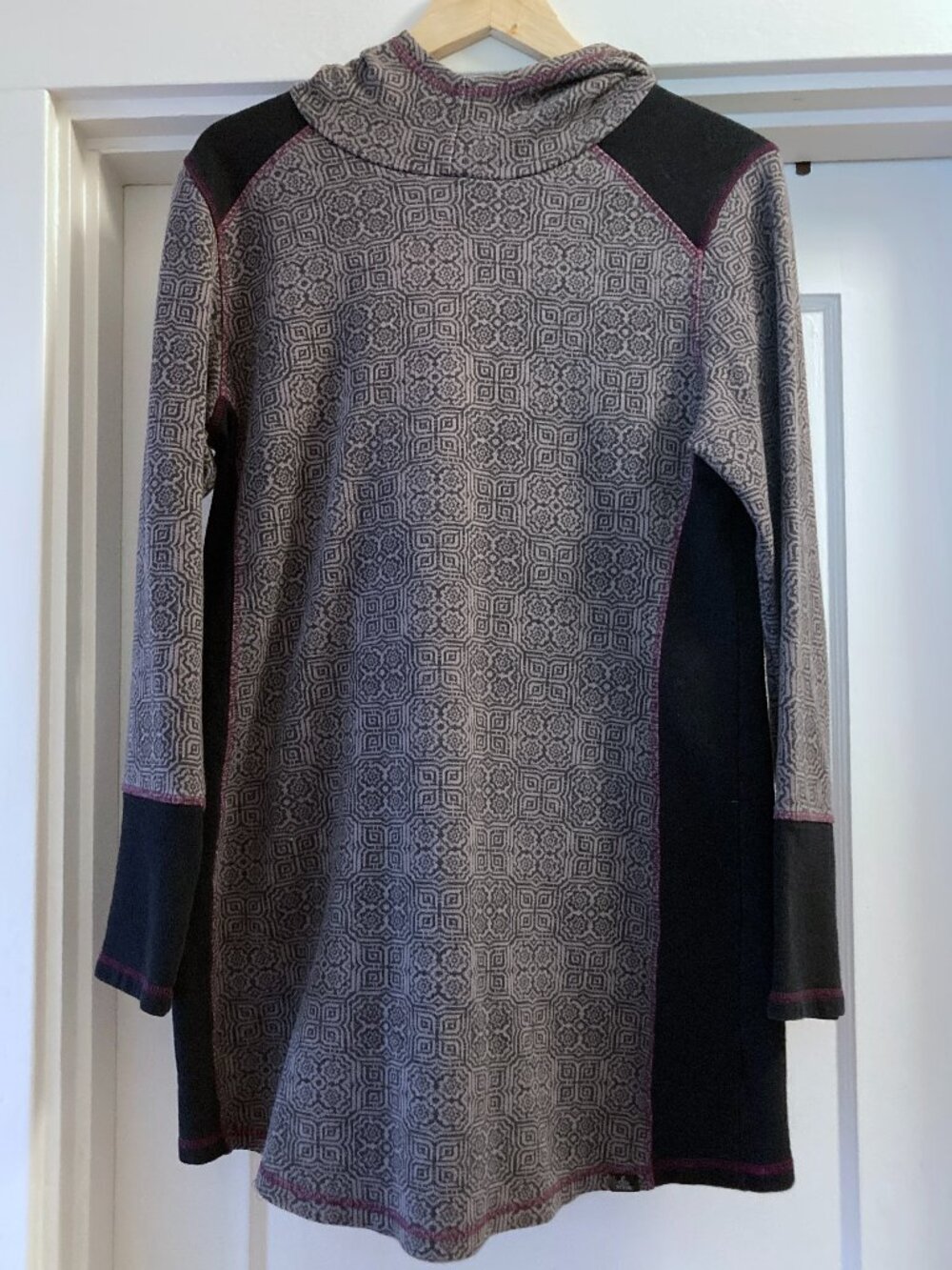 prAna Roma Tunic Hoodie Dress XL • Gray Black Geometric Mandala Print • Organic